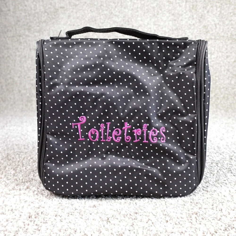 Thirty-One Hanging Toiletry Bag Black Polka Dot Pink Embroidery Travel Organizer